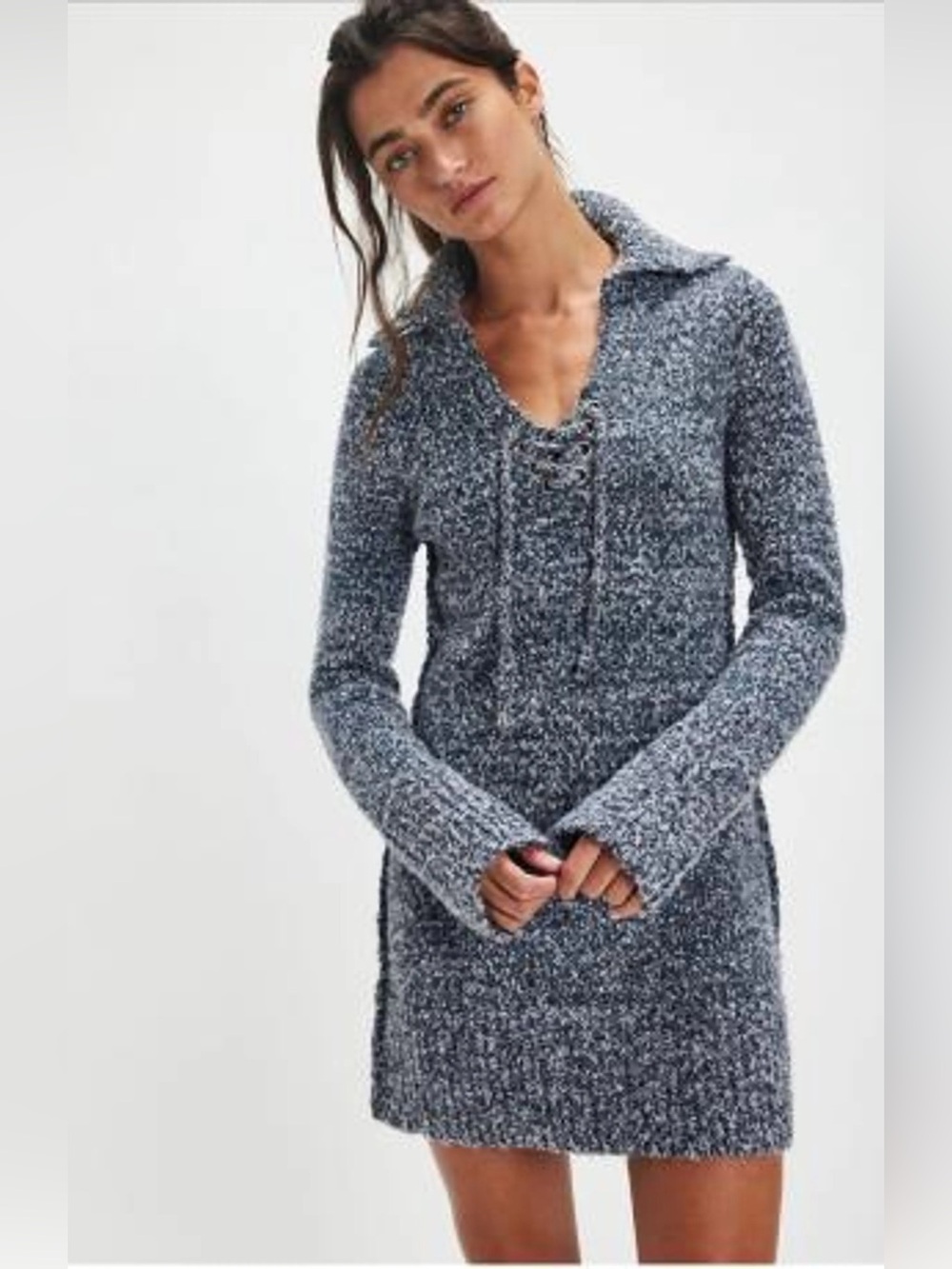 NWT new XS free people milena Lace-Up Collared Knit Sweater Dress Blue Gray marl